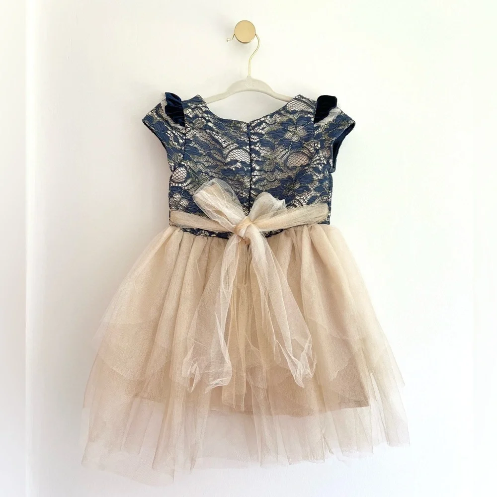 Biscotti Navy and Lace Champagne Tulle Dress with Bow, Girls 2T - Like New